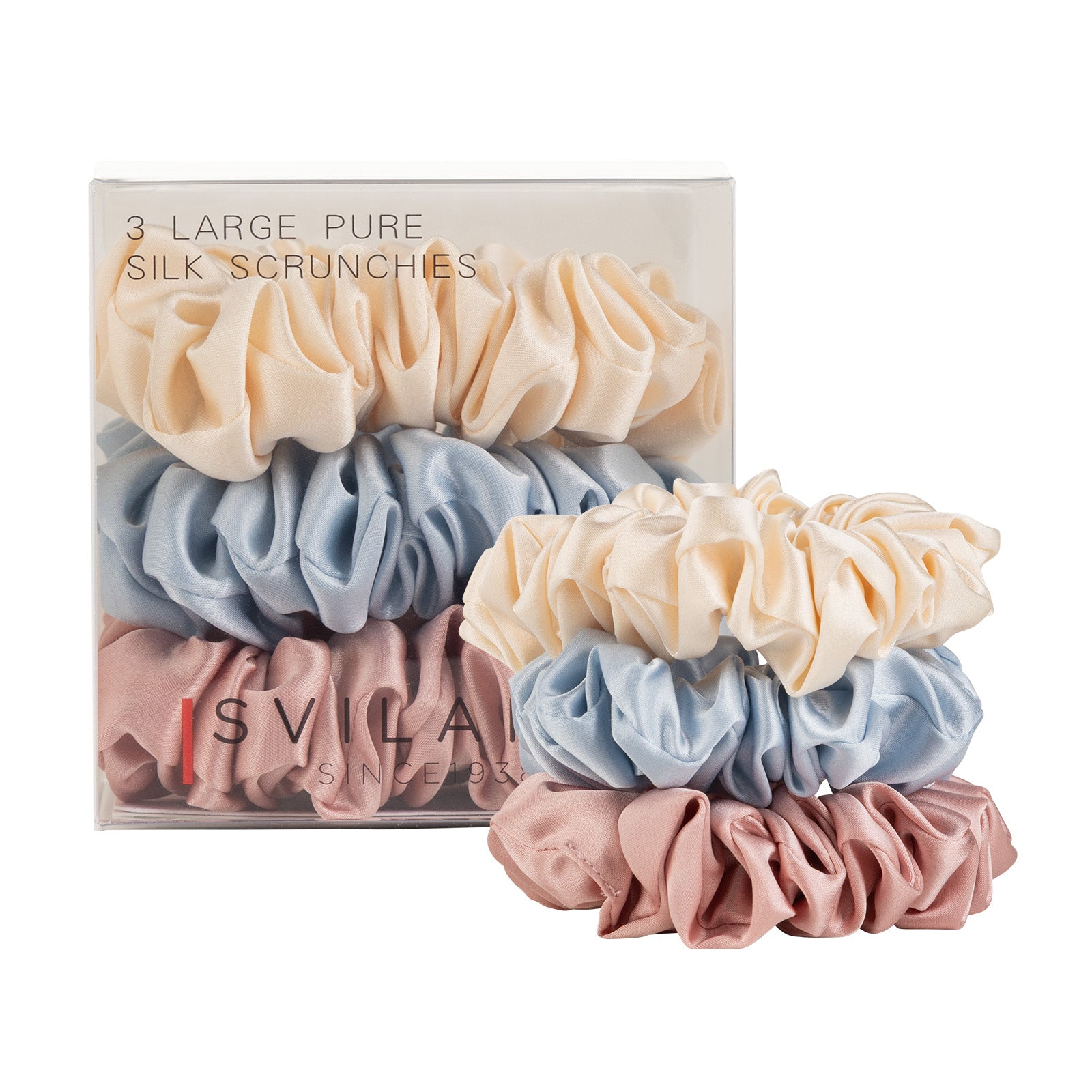 Svilanit-Set aus drei Haargummis aus hochwertiger Maulbeerseide Pastell