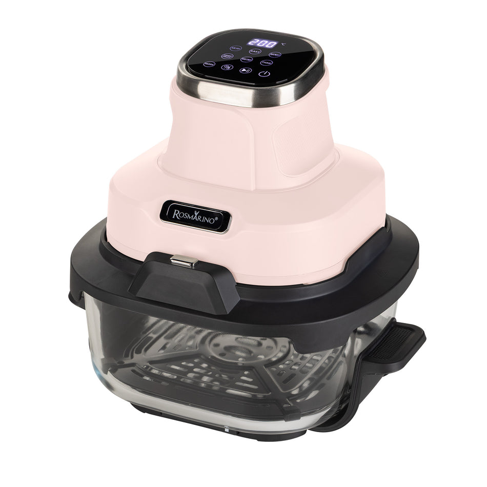 Tragbare Glas-Heißluftfritteuse Rosmarino Airfryer Crispy PRO Series 6-in-1 – 4,5 L + 1,8 L, rosa